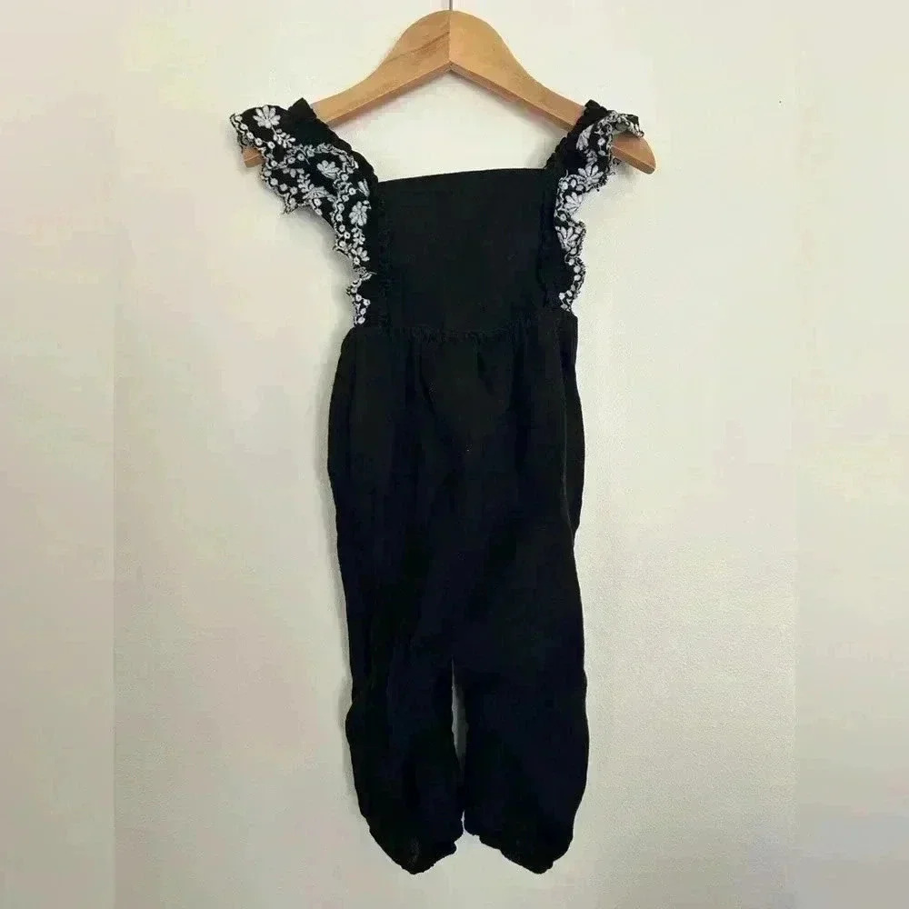 Old Navy Baby Romper 12–18 Months Black Floral Linen Ruffle Sleeve One Piece